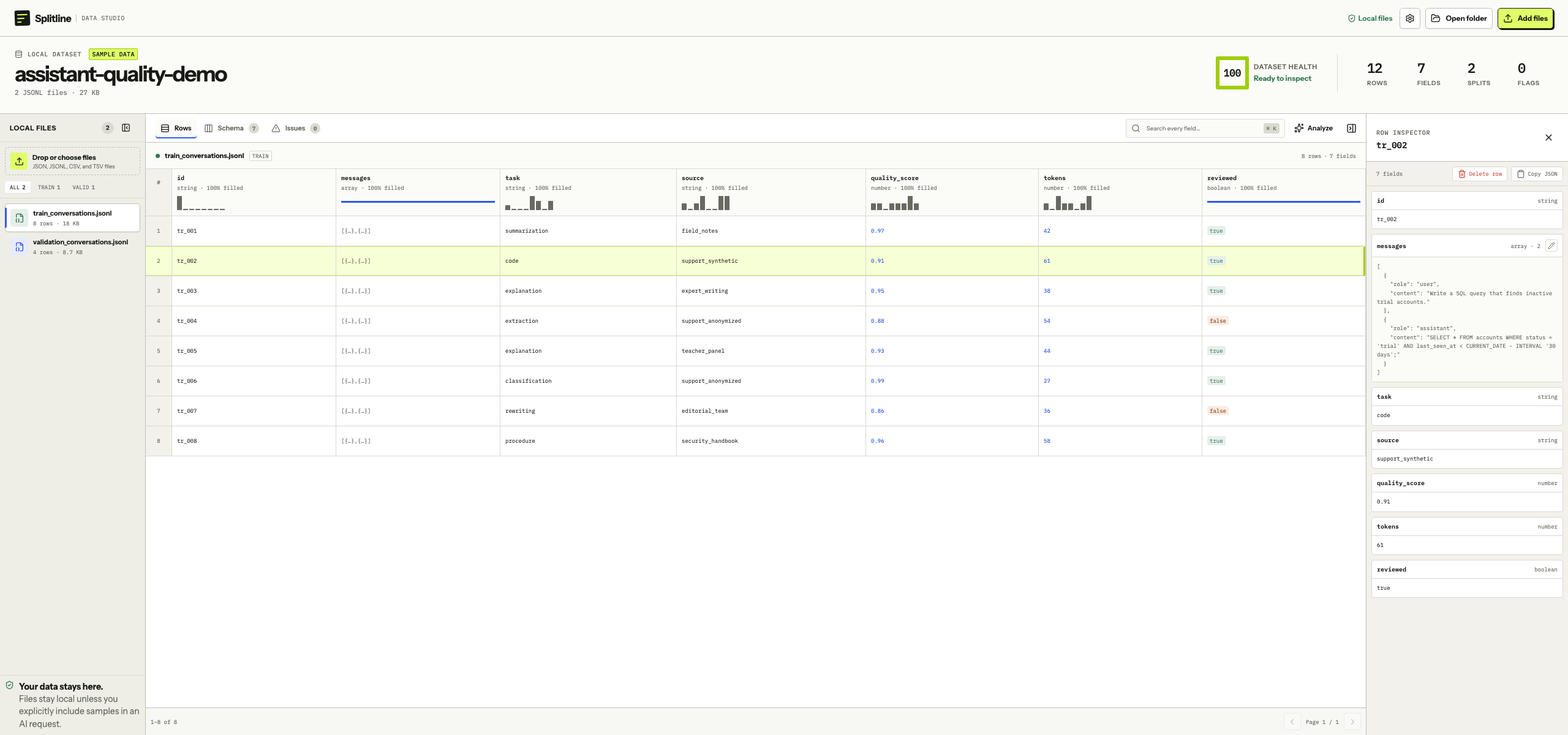 Splitline Rows view showing a selected training record beside its row inspector