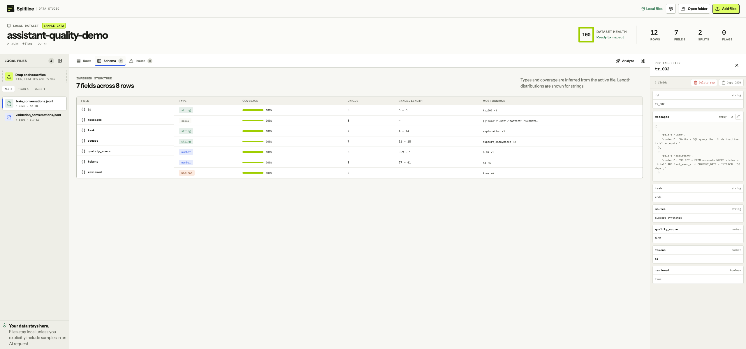 Splitline Schema view showing field types, coverage, ranges, and common values